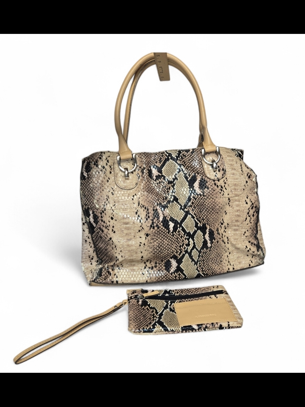 London Fog Snake Print Tote & Wristlet Set Neutral Beige Tan Black